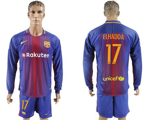 Barcelona #17 Elhadda Home Long Sleeves Soccer Club Jersey